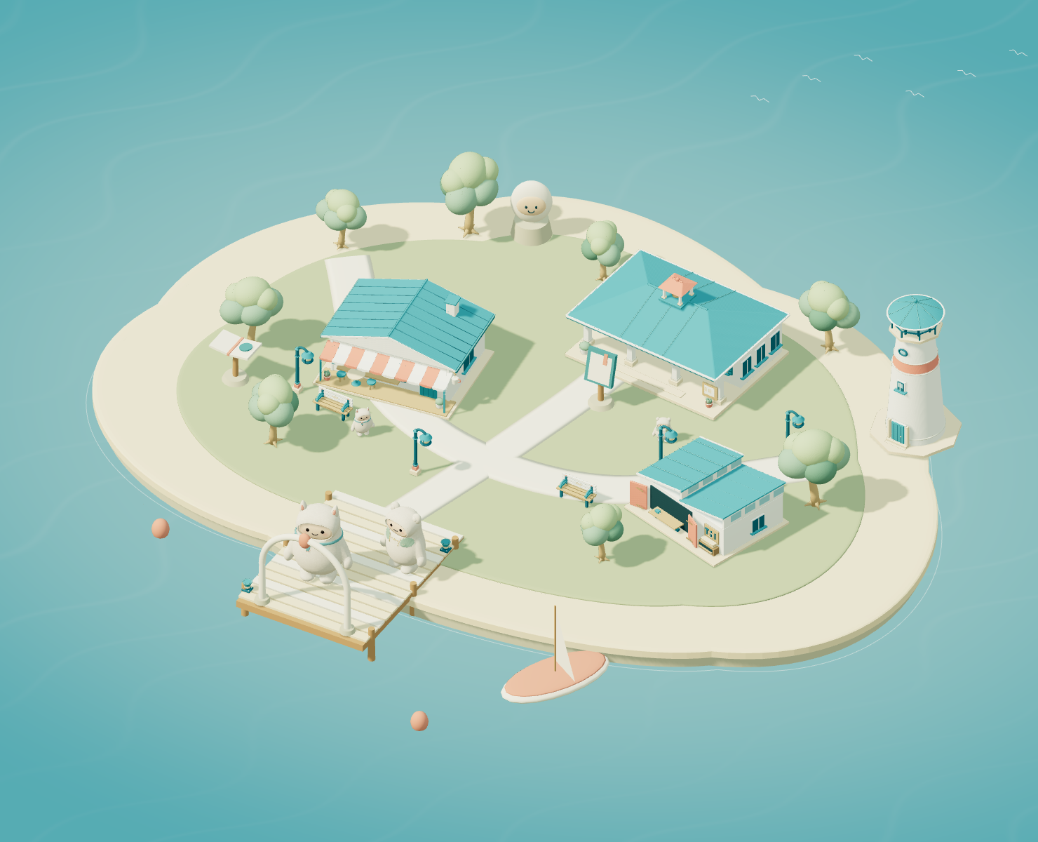 A soft coastal Museport quay with cream plush Muses, teal roofs and a lighthouse.